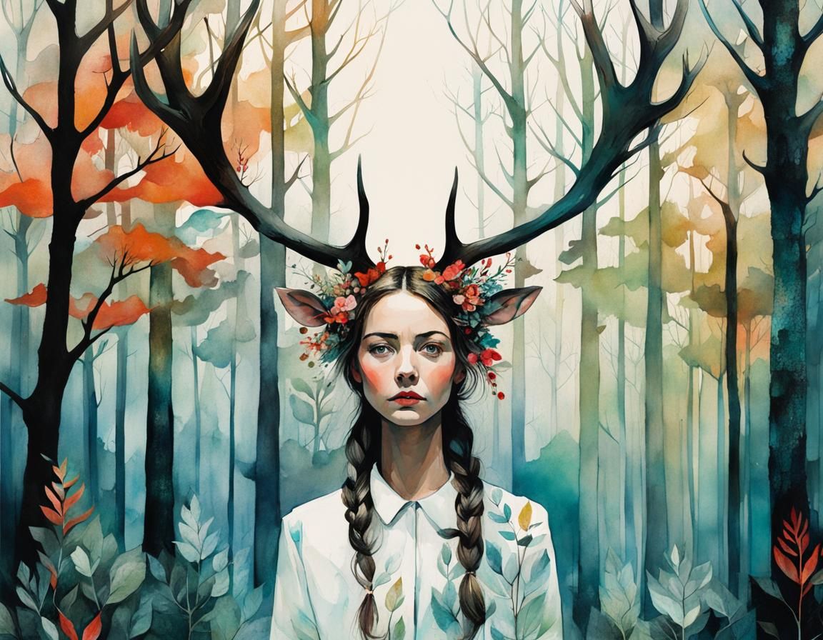 Antlered Woman in Forest: Whimsical Cubist Illustration