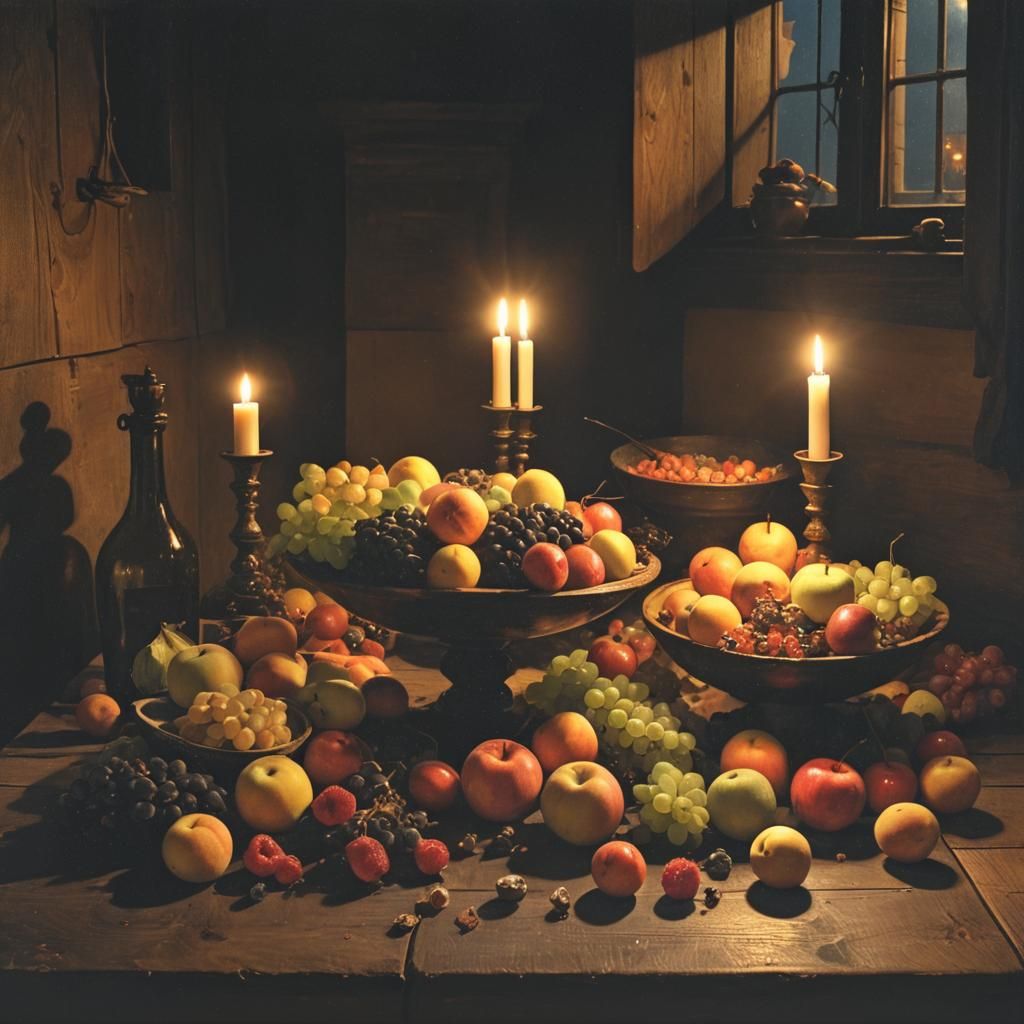 Bruegel-Style Still Life with Fruit and Candles
