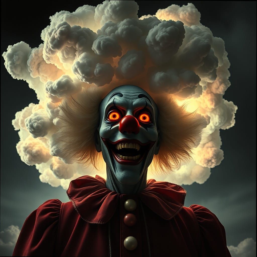 Surreal Clown in Dystopian Horror Landscape