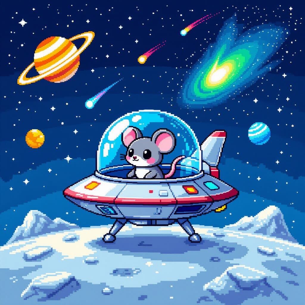 Pixel Cartoon Spaceship with Chibi Mouse on Moon