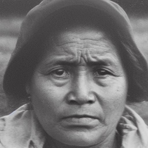 A woman farm worker stares wearily at the camera.
