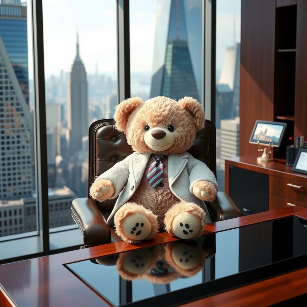 Pastel Teddy Bear CEO in Retro-Futuristic Style