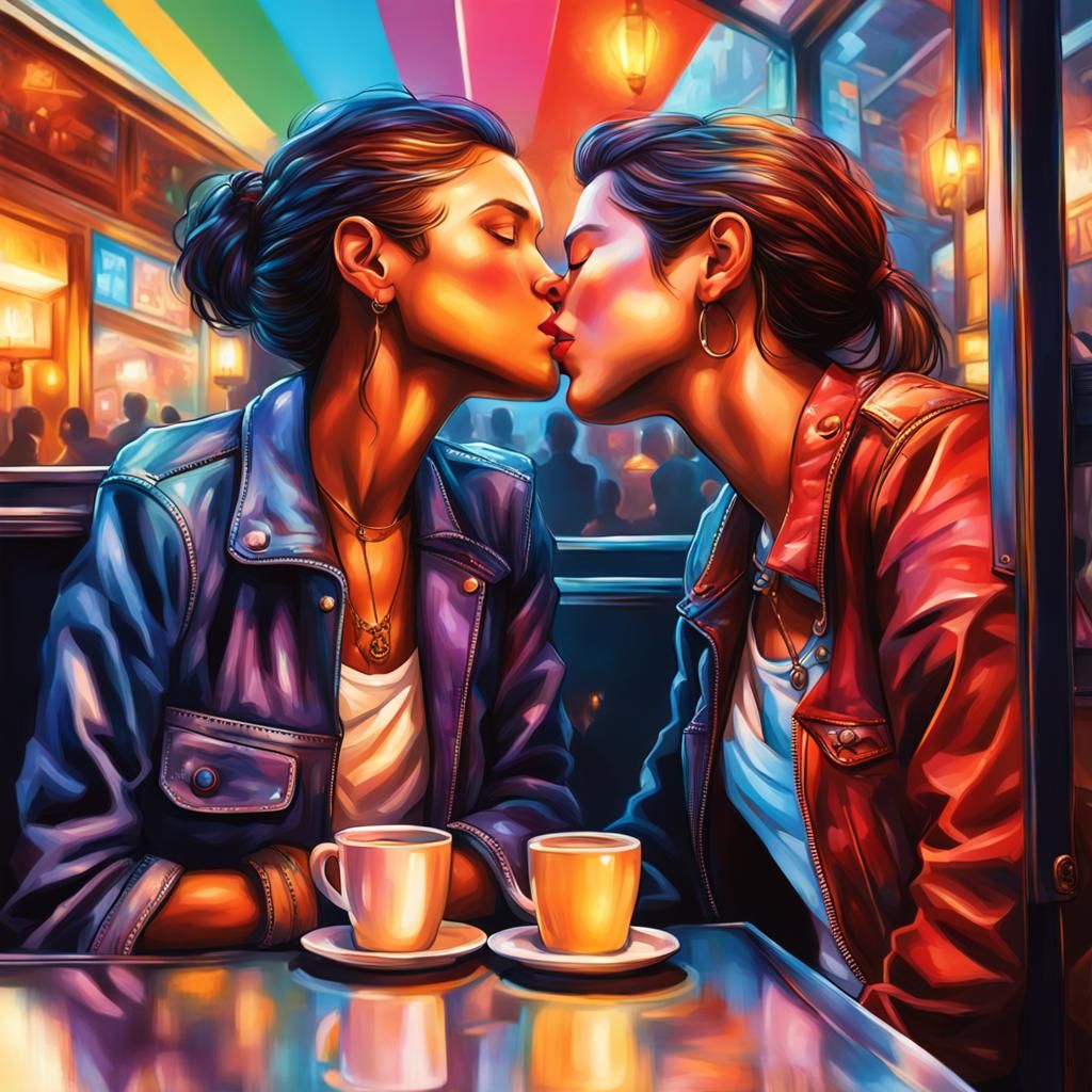 Lesbian Kiss in Cafe: Hyperrealistic Splash Art
