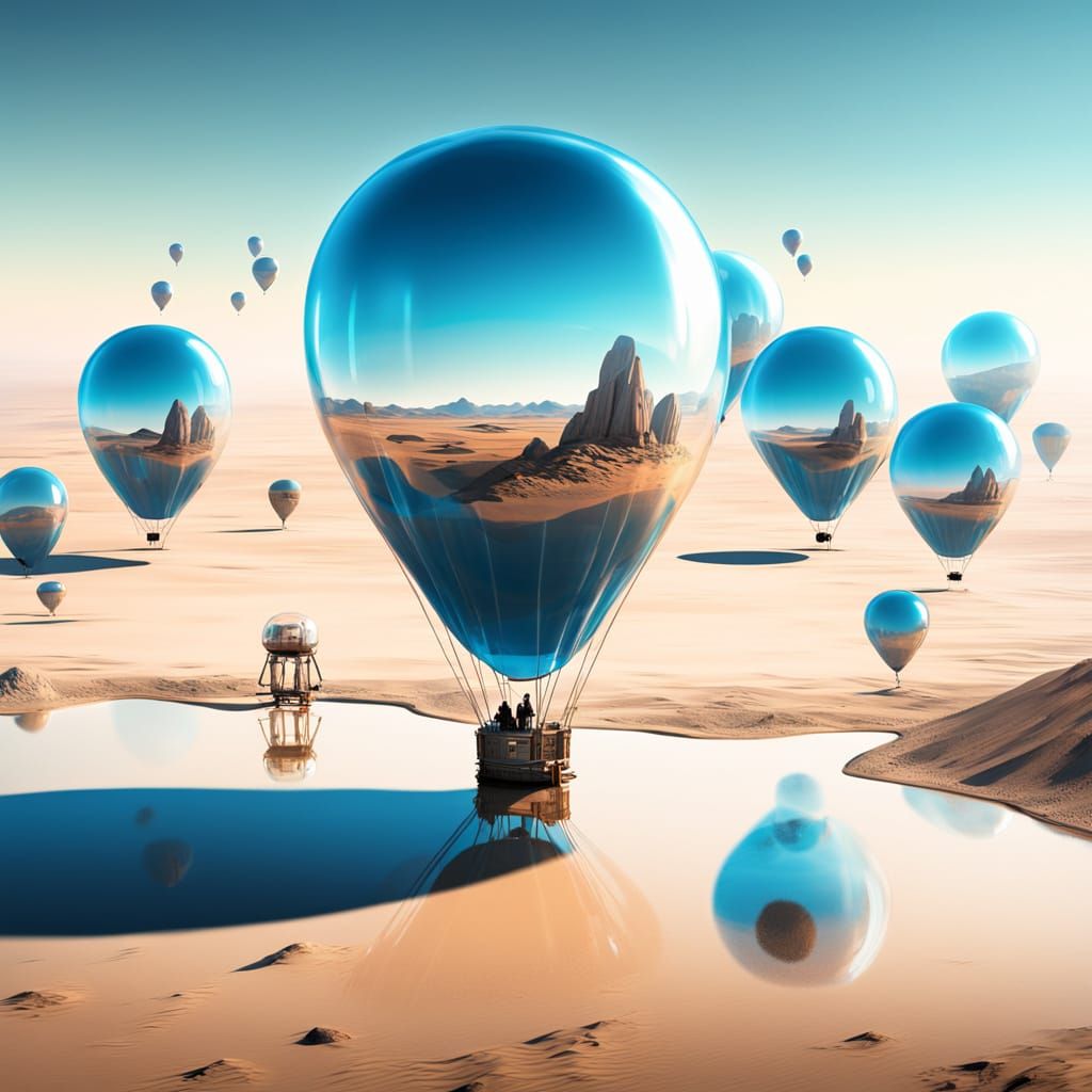 Giant Glass Balloons in Desert Landscape, Surreal Art