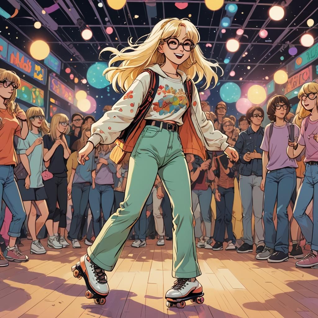 90s Cartoon Hippy Girl Roller-Skating at Disco