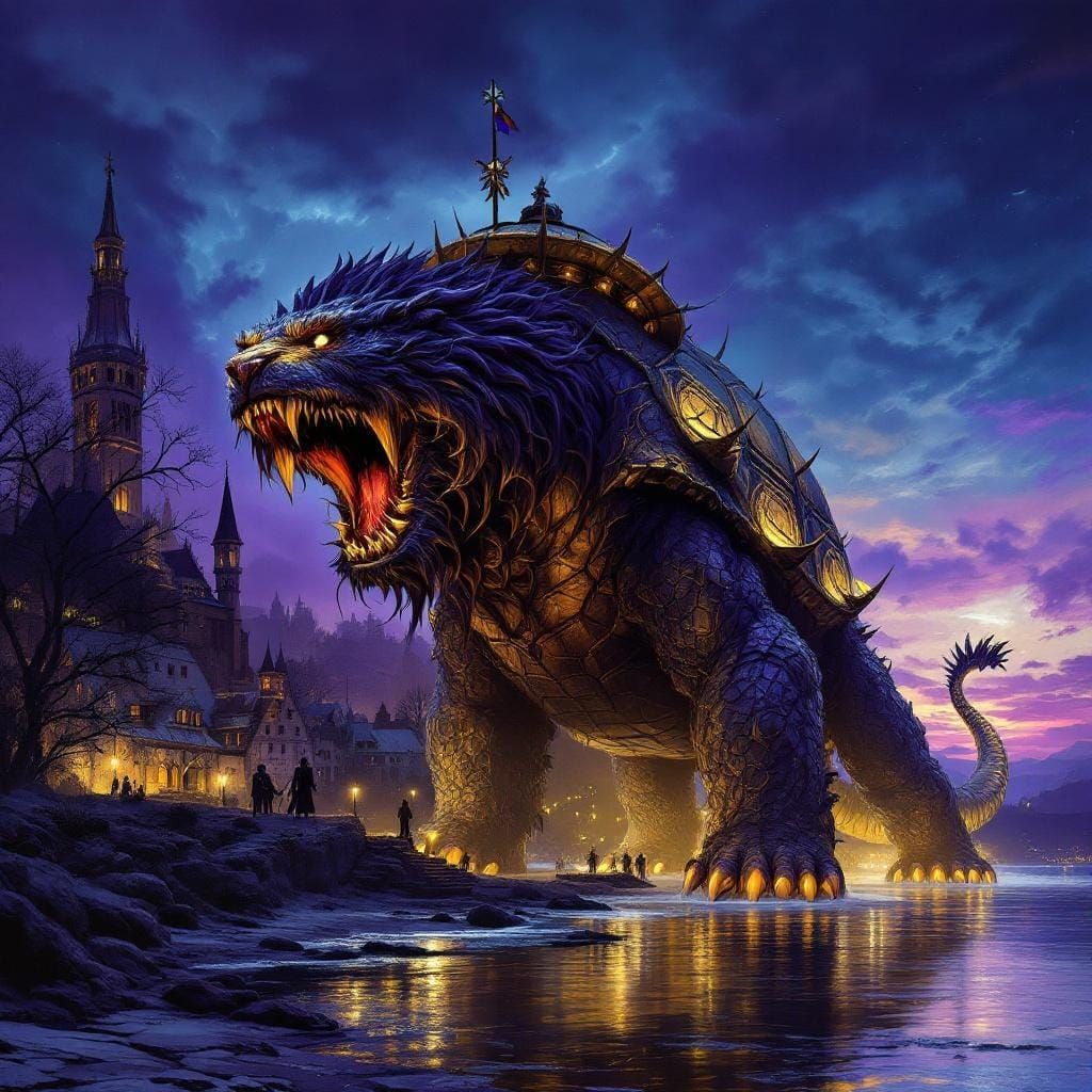 Majestic Tarasque Near Rhine River: Dark Fantasy Art
