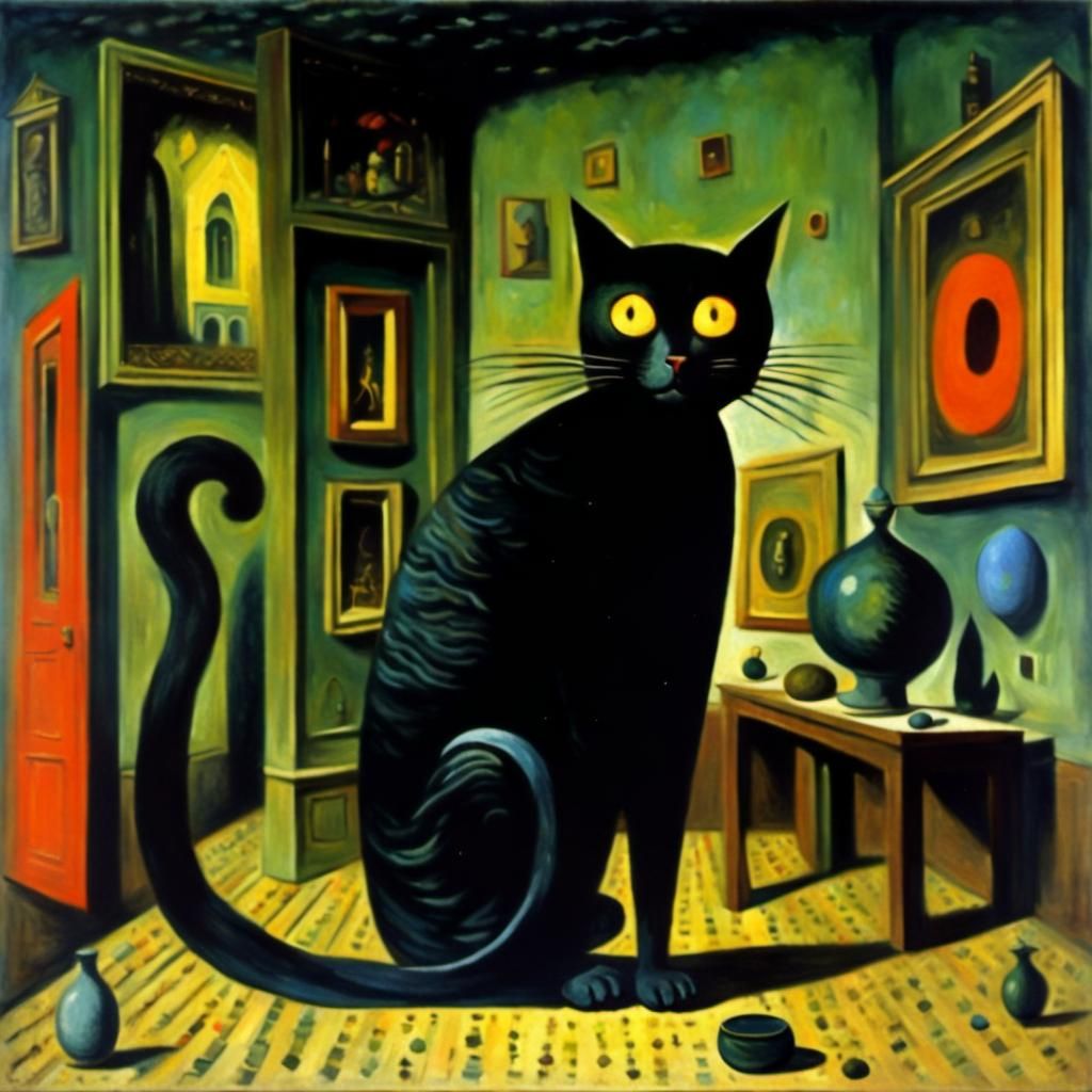 Black Cat Hiding: Surrealist Oil Painting