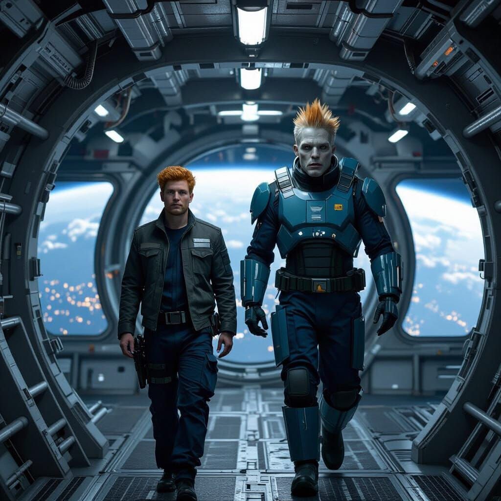 Man and Robot Explore Starship Corridor