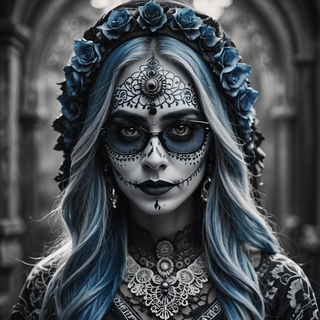 Indian Woman in Catrina Costume, Dark Fantasy Portrait