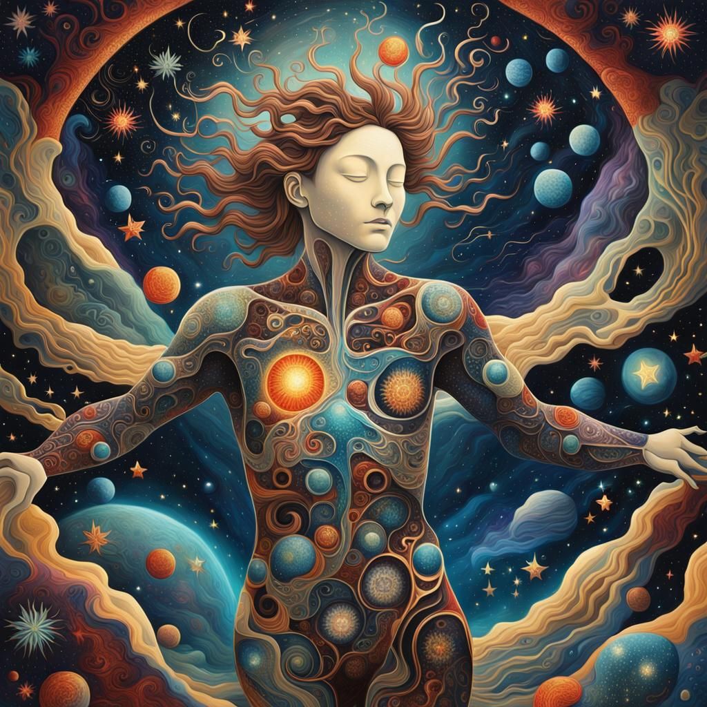 Cosmic Rebirth: Human Form in Surreal Starscape