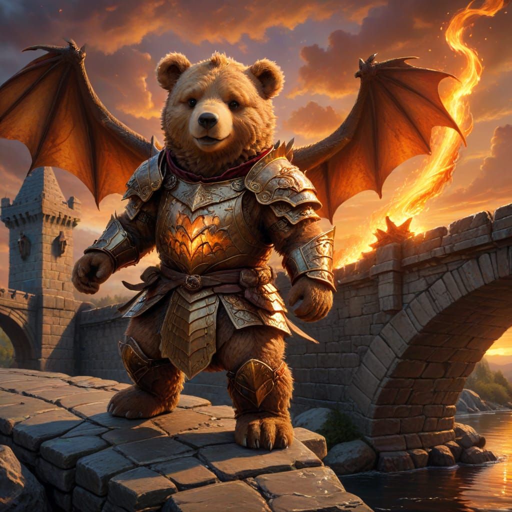 Knightly Brown Teddy Bear Battles Majestic Dragon in Sunset ...