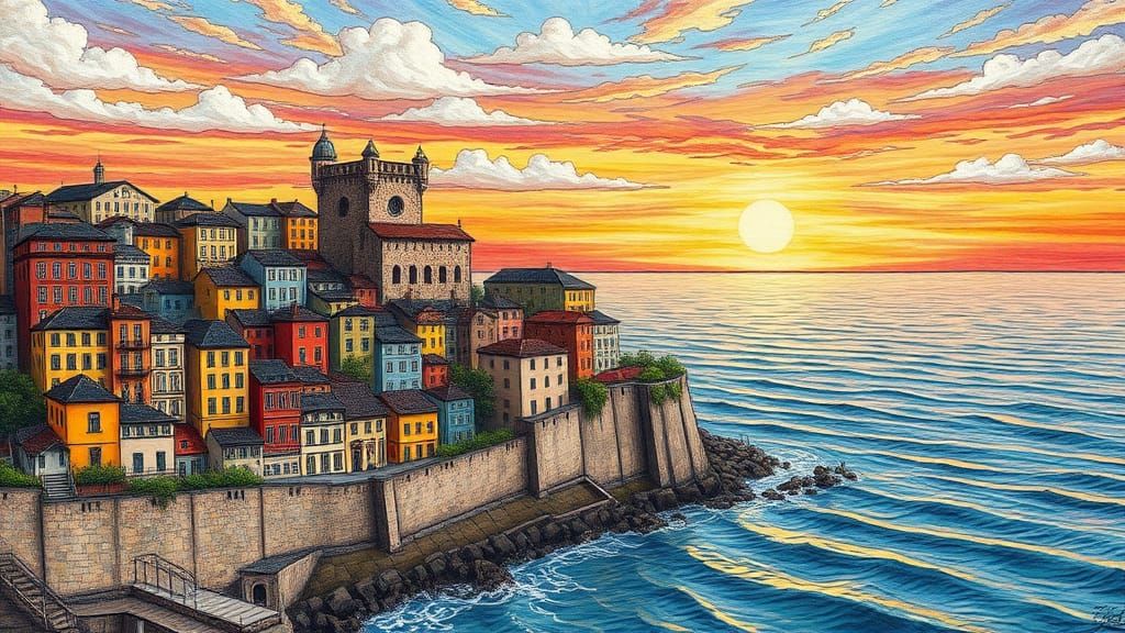 Medieval Cityscape in Gustav Klimt Style with Sunset