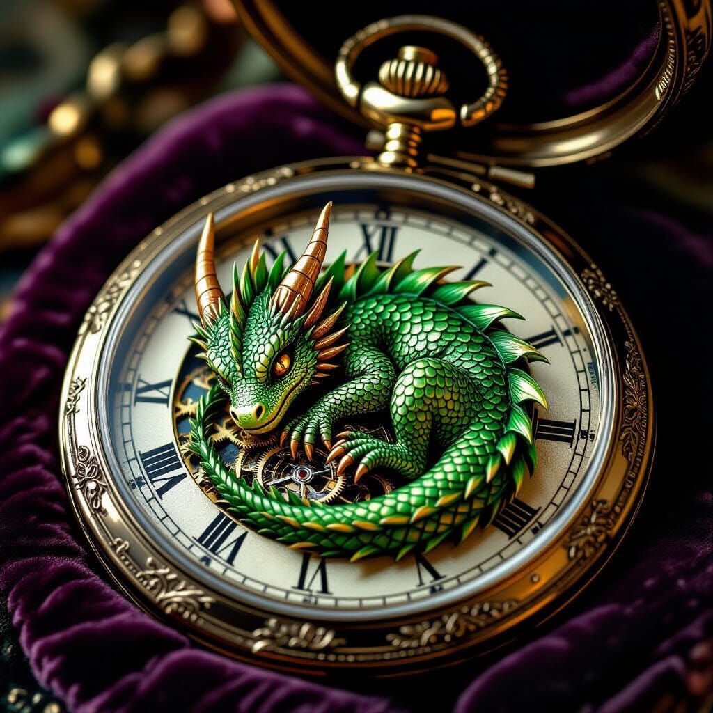 Dragon in Pocket Watch, Hyperrealistic Fantasy Art