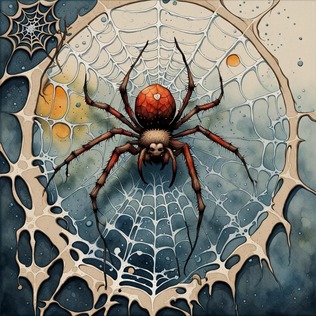 Art Nouveau Spiderweb Illustration with Watercolor Textures