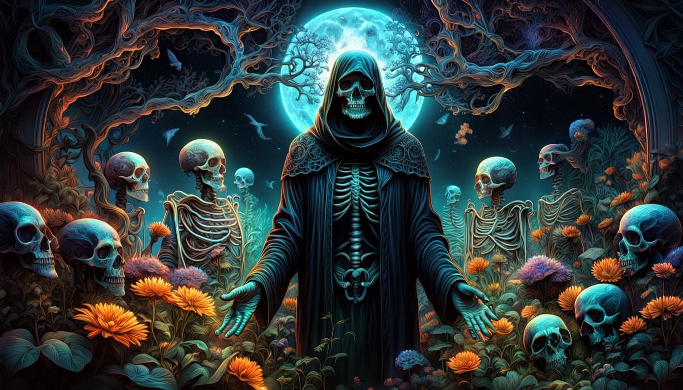 Spectral Gardener in Bone Garden: Cosmic Gothic Art