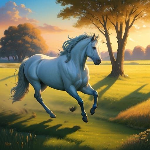 Majestic Mare Runs in Golden Sunlight: Oil Painting