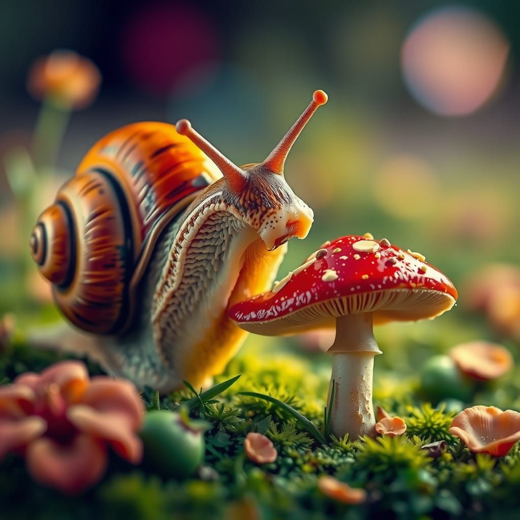 Snail's Psychedelic Toadstool Feast: Photorealistic Art