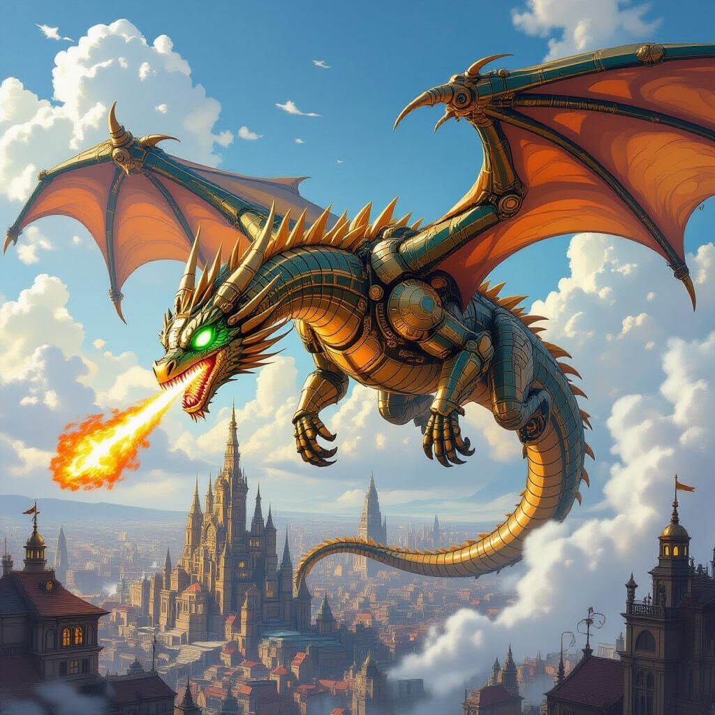 Clockwork Dragon Soaring Over Steampunk Metropolis