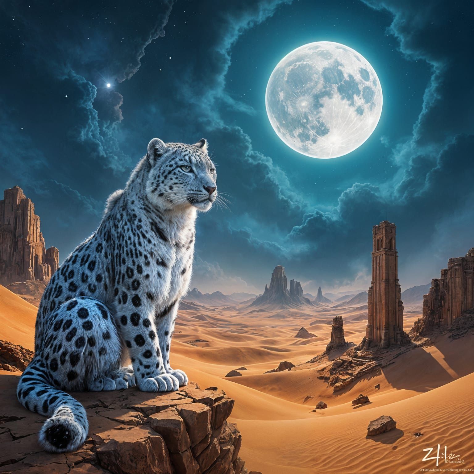 Cosmic Horror Snow Leopard in Desert Ruins