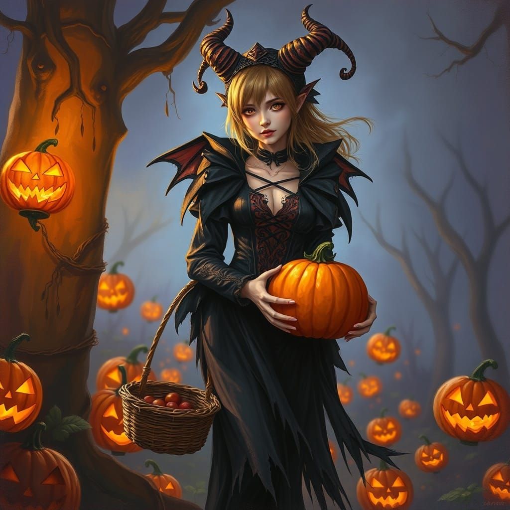 Demonic Halloween Woman with Pumpkin Basket in Anime Oil Pai...