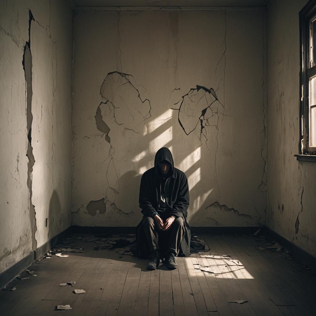 Solitary Figure in Despair: A Hauntingly Lit Scene