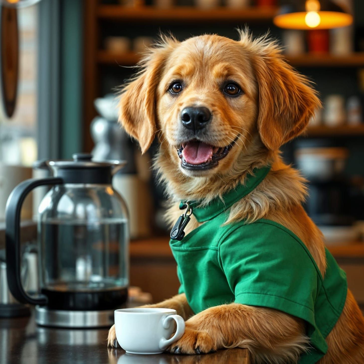 Adorable Golden Retriever Barista in a Fantastical Cafe