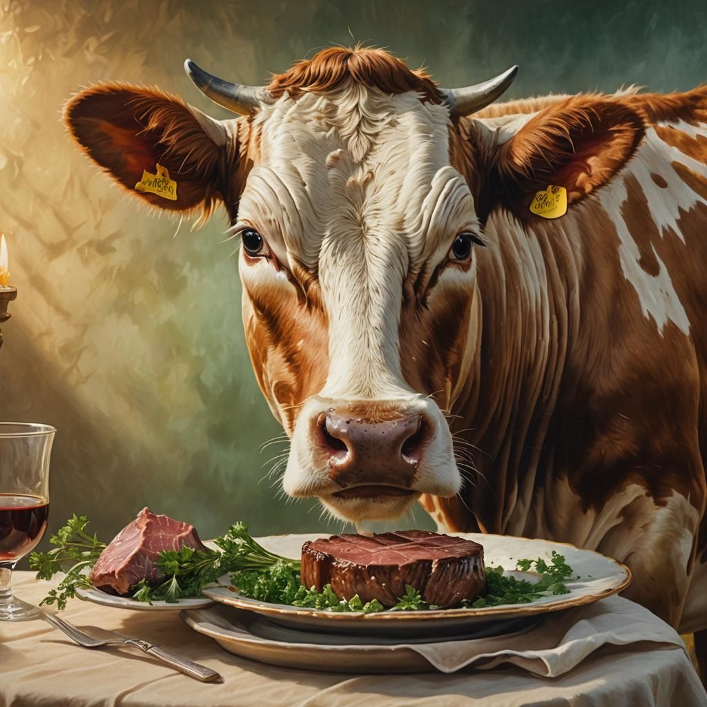 Cow Contemplates Rib of Beef as Oil Painting