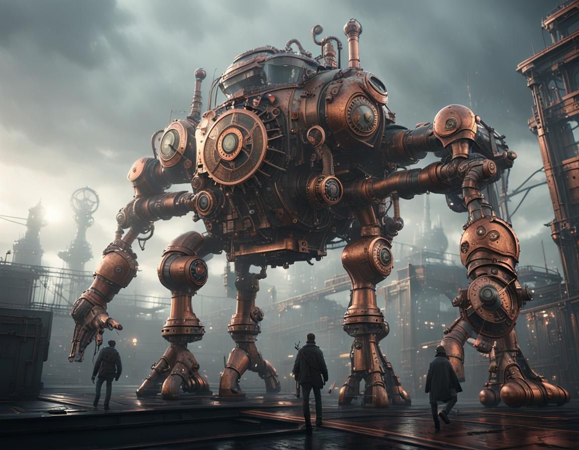 Steampunk Clockwork Creatures in Dystopian Cityscape