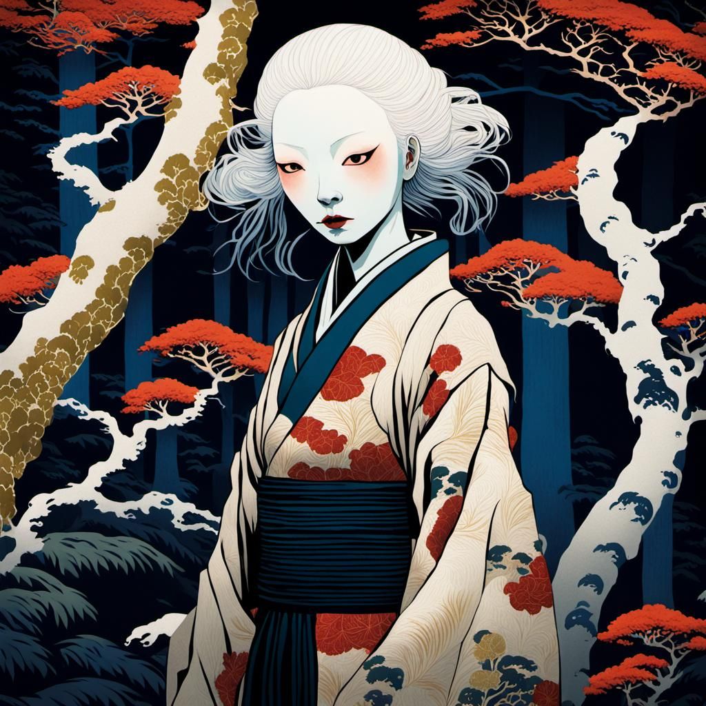 Mystical Albino Girl in Forest: Ukio-e Style