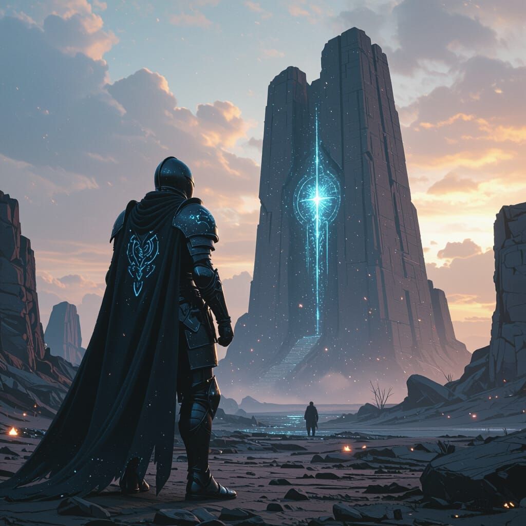 Android Knight in Obsidian Armor Before Alien Ruins