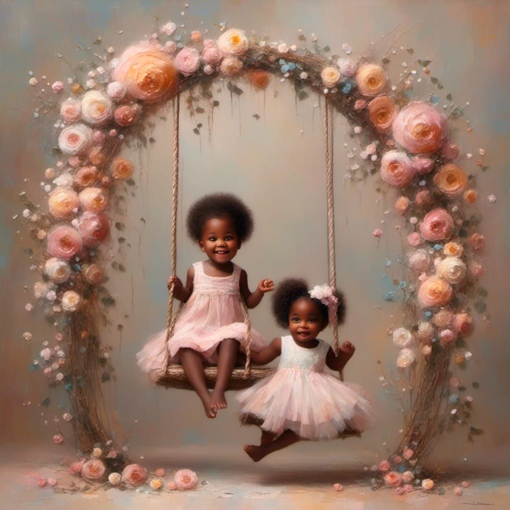 Toddlers Playing on Swing with Flowers