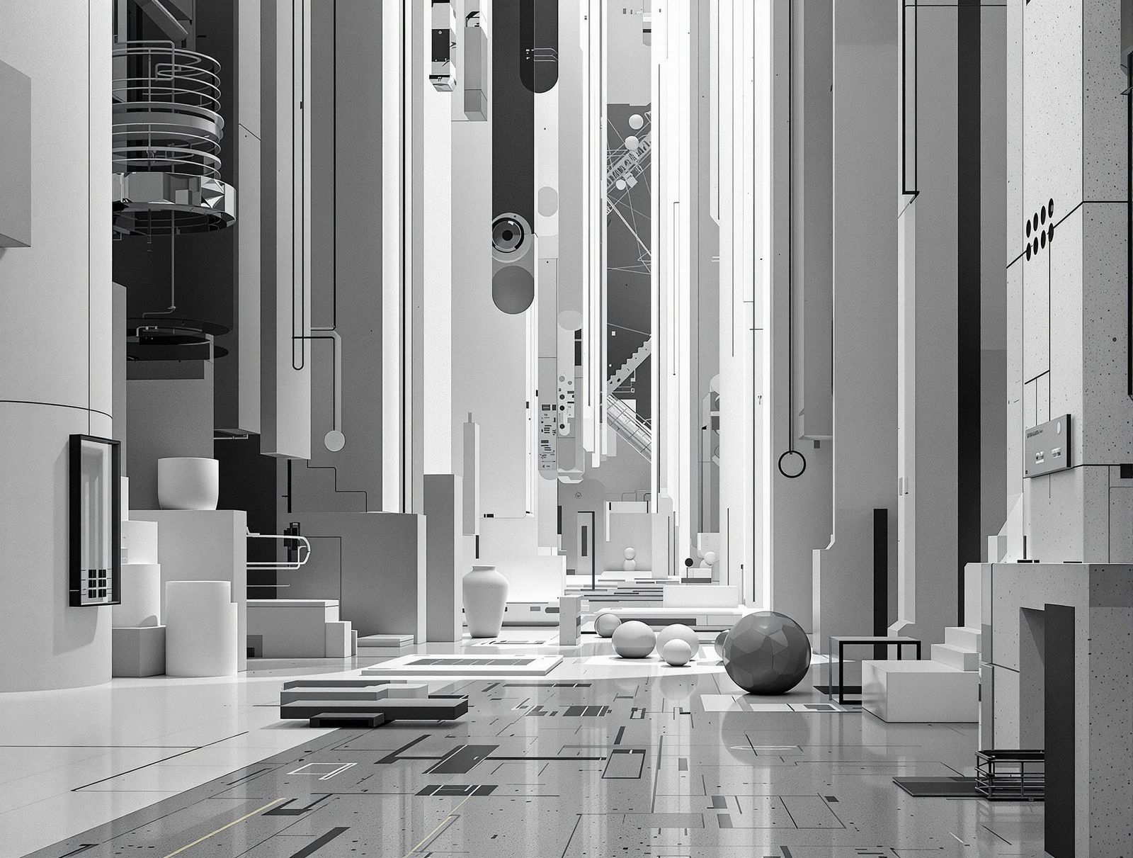 Monochromatic Futuristic Scene in Minimalist Style