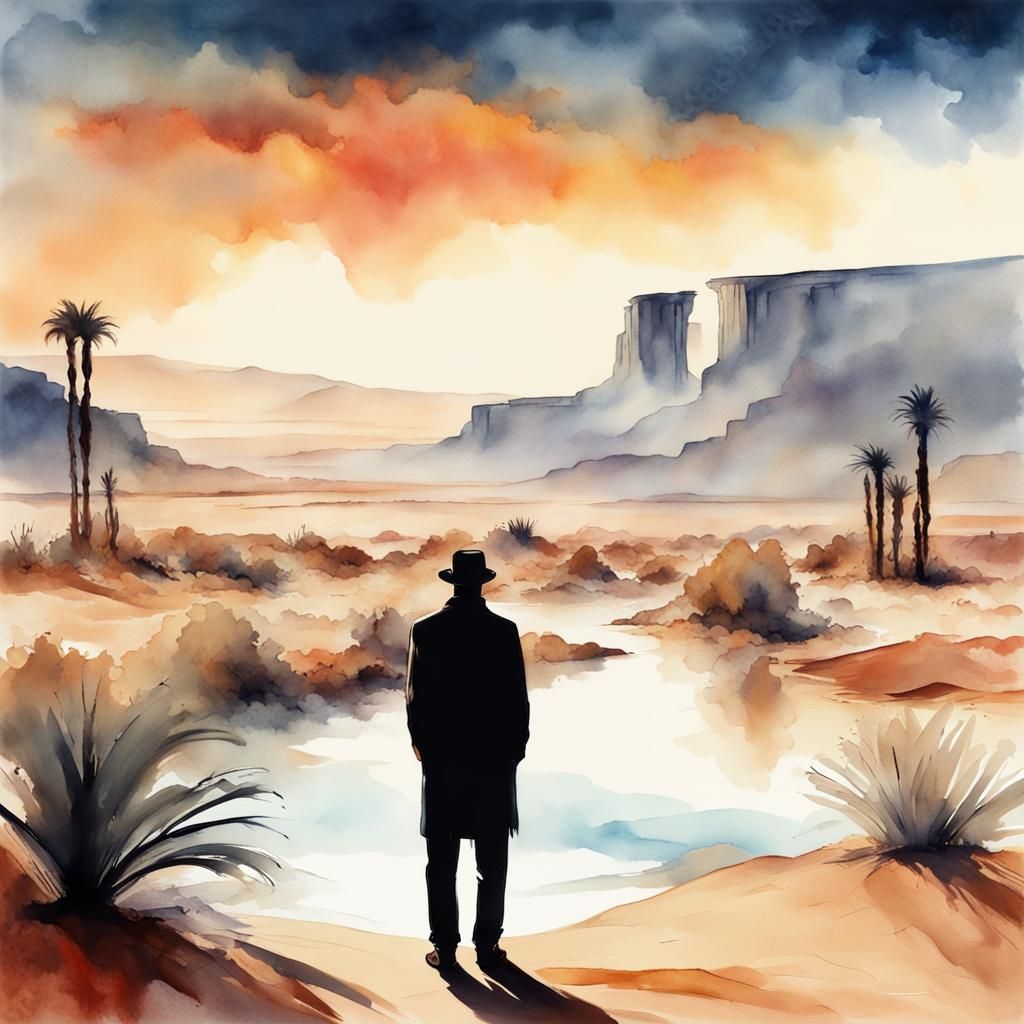 Mystical Desert Oasis Mirage in Aquarelle Painting Style
