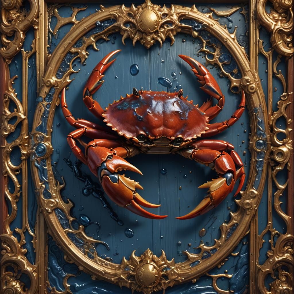 Un crabe couvert de sang avec 2 grosses pinces sort d'un cadre en bois doré.