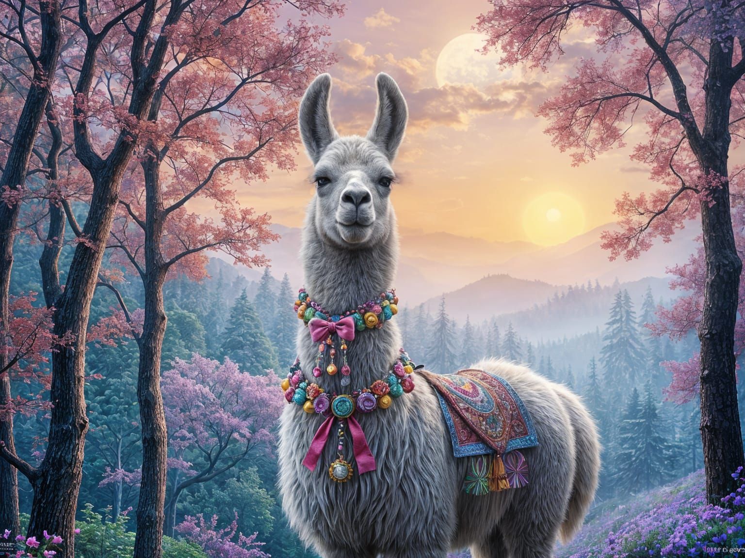 Whimsical Lama in a Mystical Forest