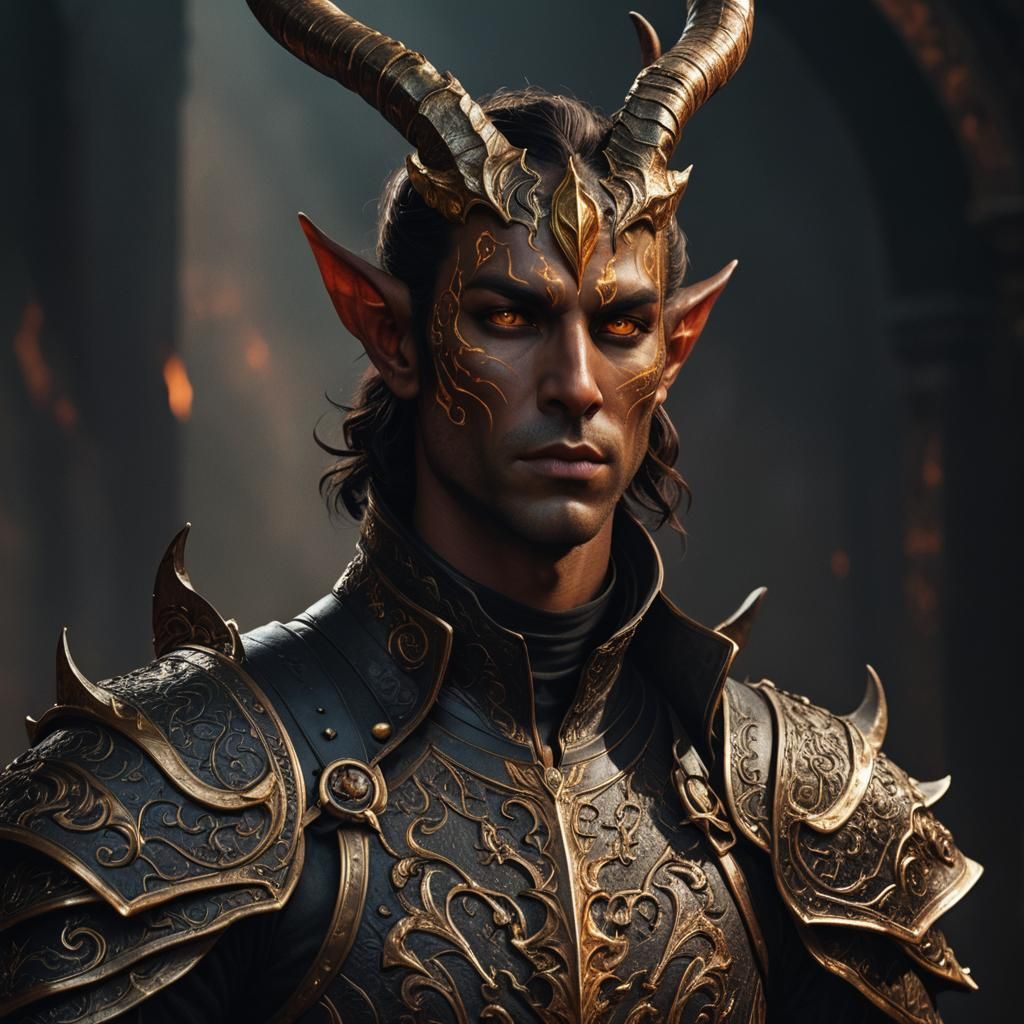 Confident Tiefling with Ornate Armor in Digital Art