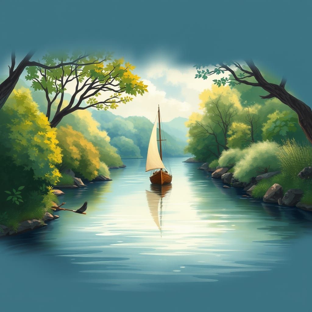 Serenene River Scene with Wooden Sailboat in Aquarelle Style