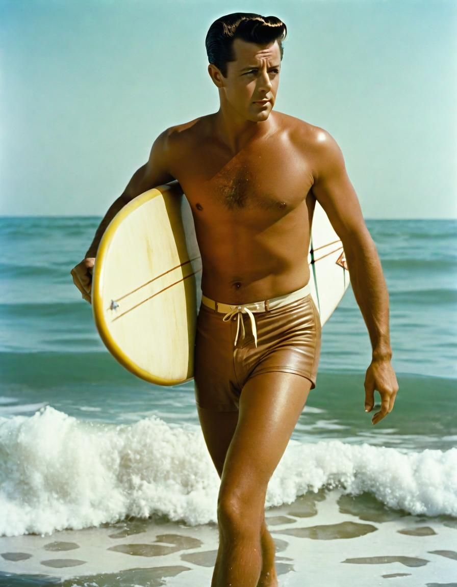 Vintage Film Still of Surfer with Surfboard