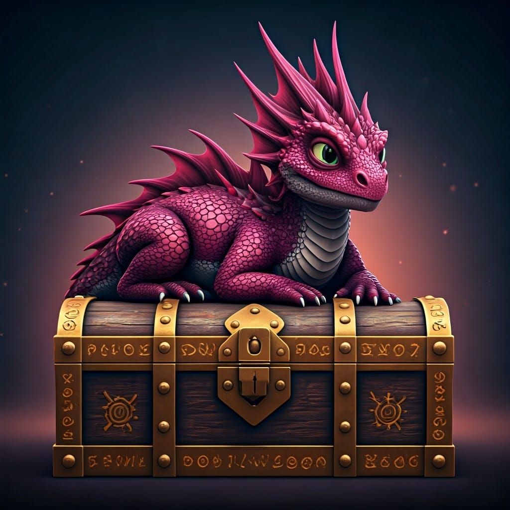 Magenta Dragon on Treasure Chest in 3D Style