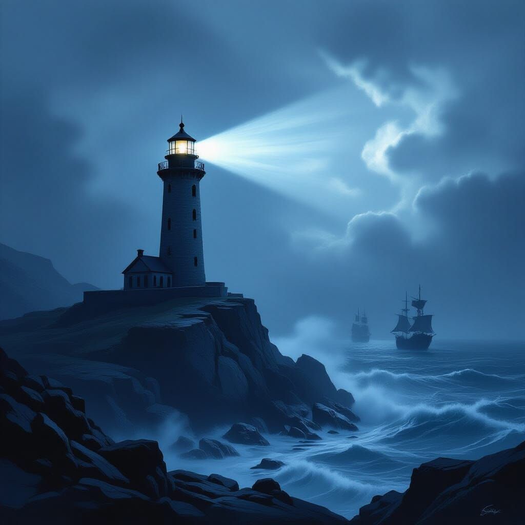 Ancient Lighthouse Beam Pierces Ethereal Fog