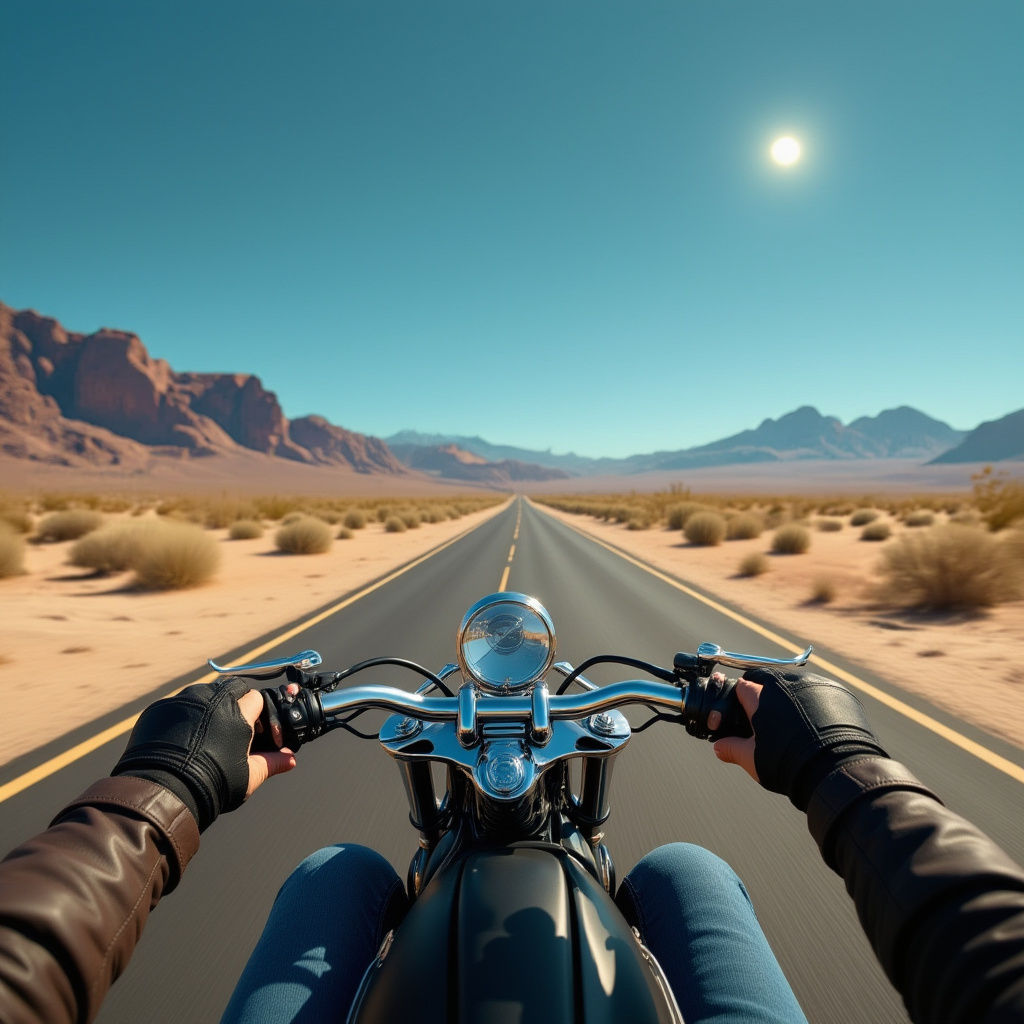 Man on Motorcycle on Desert Highway in Spielberg Style