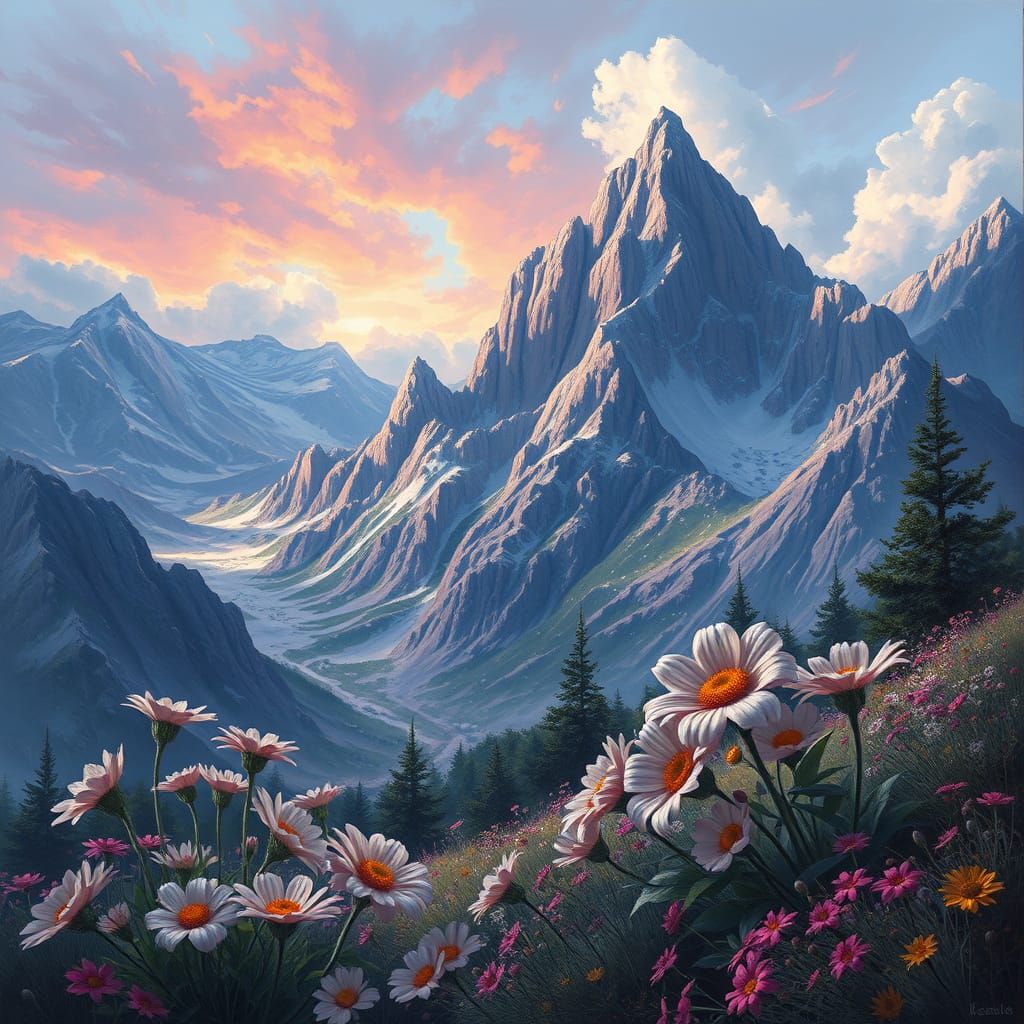 Hyperrealistic Landscape with Flowers and Snowy Mountains