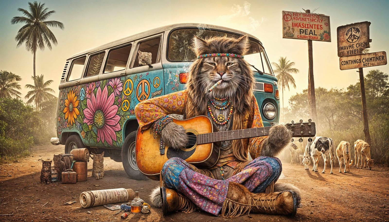 Anthropomorphic Cat Playing Guitar in Psychedelic Flower-Pow...