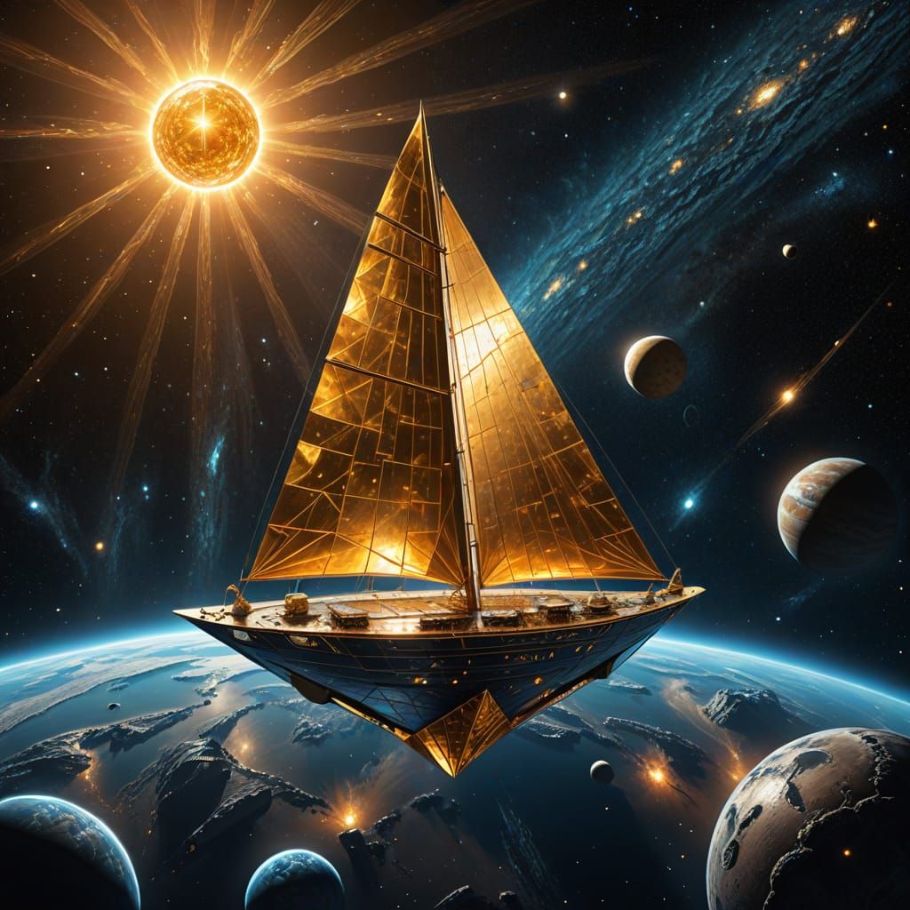 Golden Solar Sail Vessel in Space as Astral Illustration