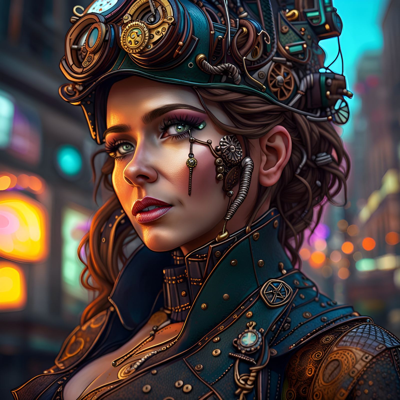 Steampunk Woman Portrait with Neon Cityscape