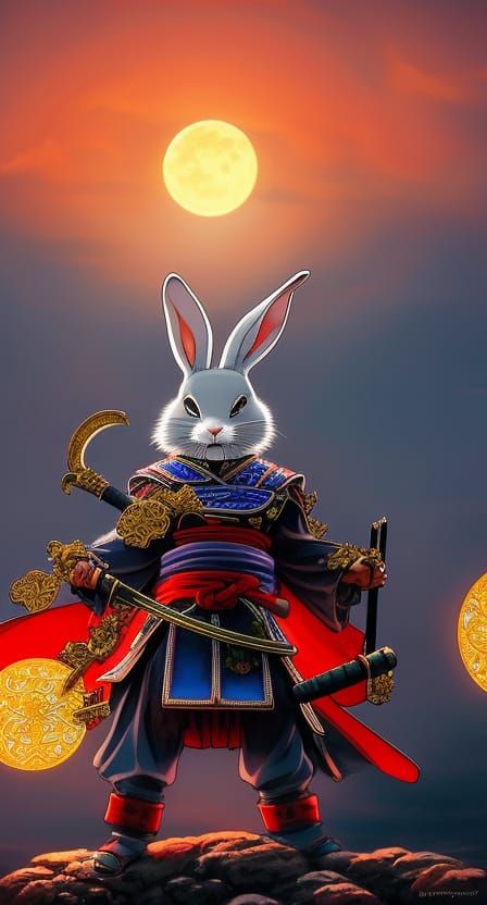 Rabbit Samurai at Shinto Shrine in Anime Style