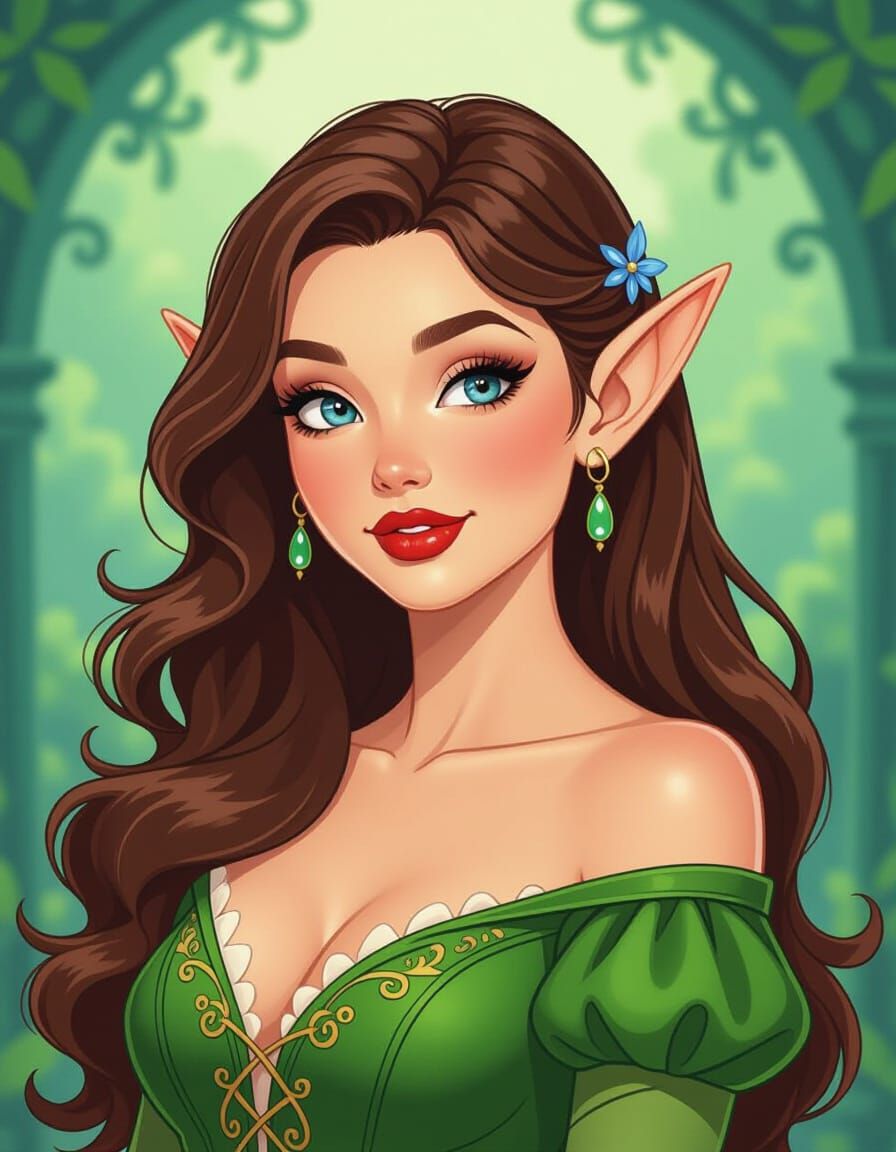 Brunette Elf Woman in Whimsical Cartoon Style
