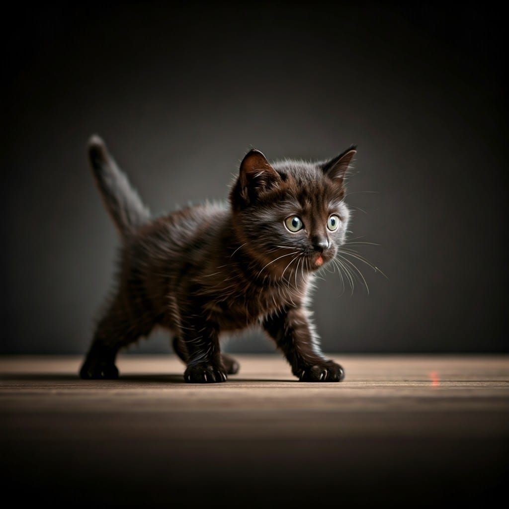 Cute Black Kitten Chasing Red Laser Dot