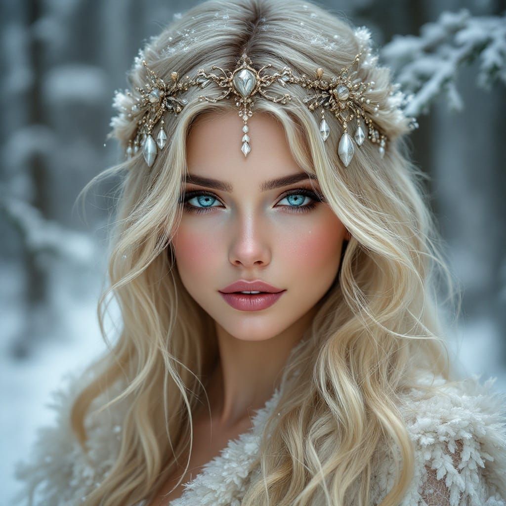 Ethereal Fantasy Portrait of a Blond Woman in a Snowy Forest