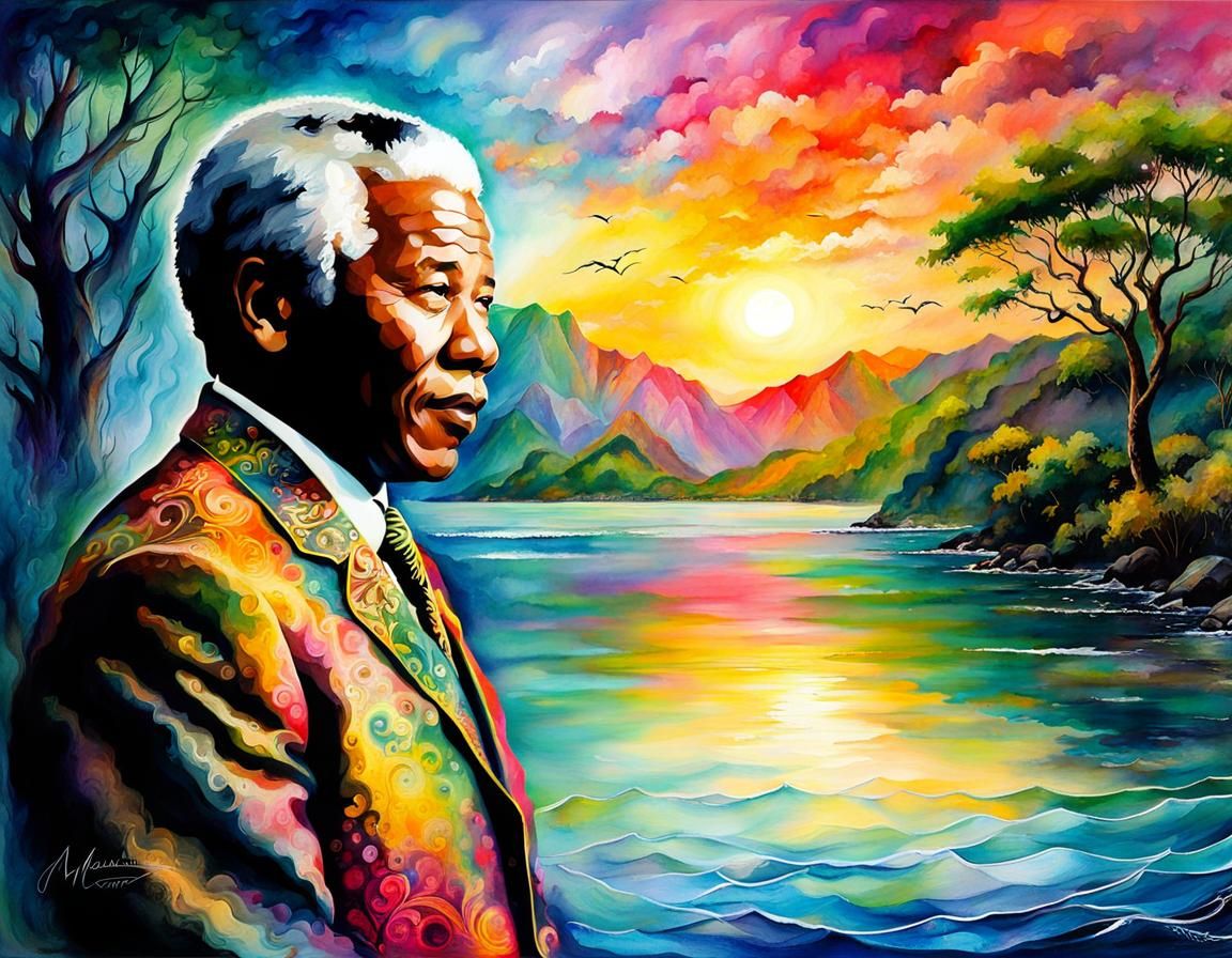 Nelson Mandela Portrait in Fantasycore Watercolor Style